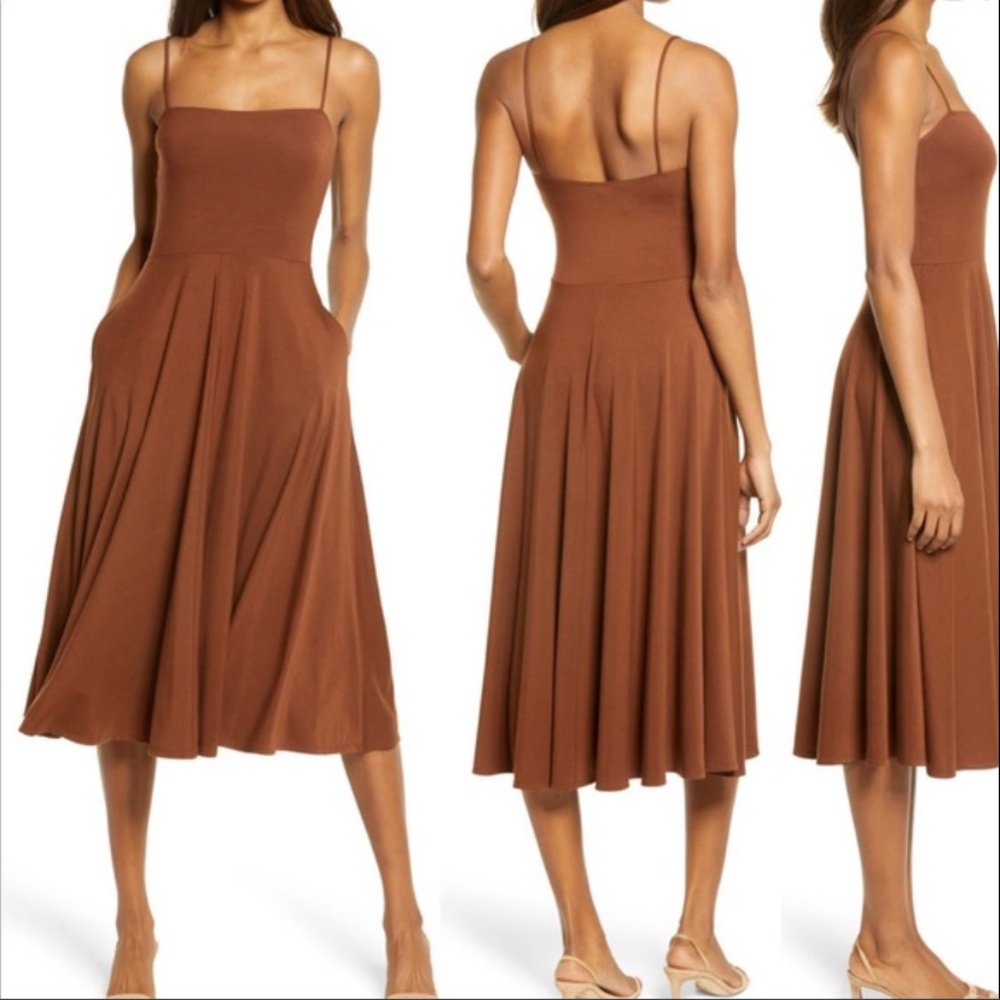 Reformation Square Neck Marianna Fit & Flare Chestnut Brown Midi Dress